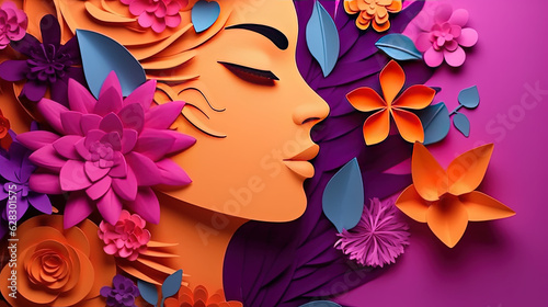 Illustration of female face and flowers style paper cut with copy space for international women's day, mental health transformation, flower shop