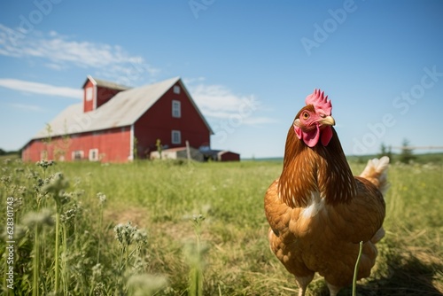 summer chicken in field countryside with red barn | Generative AI