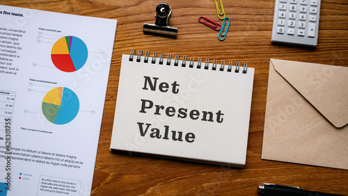 There is notebook with the word Net Present Value. It is as an eye-catching image. photo