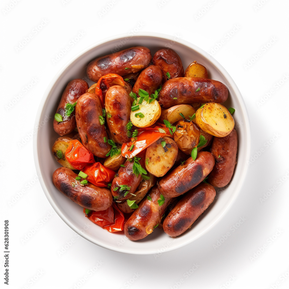 Top-down view of a bowl of sausages. Top-down view of a bowl of sausages.