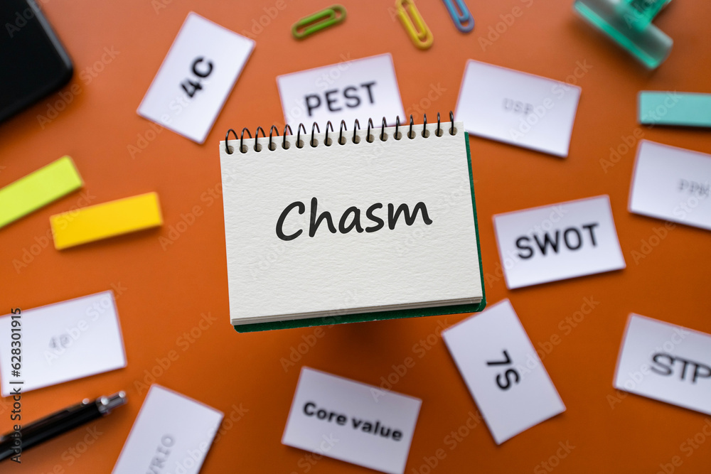 There is notebook with the word CHASM. It is as an eye-catching image. There is notebook with the word CHASM. It is as an eye-catching image.