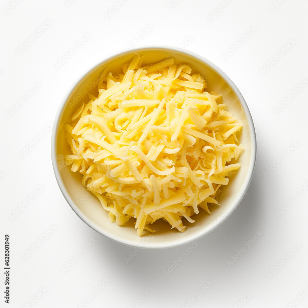 Top-down view of a bowl of shredded cheese. Top-down view of a bowl of shredded cheese.