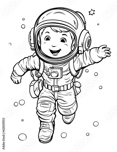 A cosmonaut with the face of a little boy floating in the void. black and white simple sketch