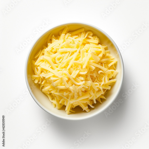 Top-down view of a bowl of shredded cheese.