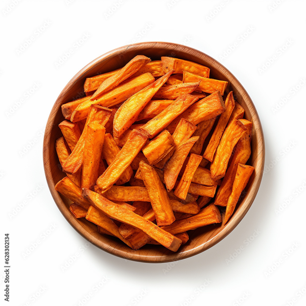 Top-down view of a bowl of sweet potato fries.
