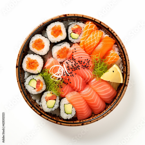 Top-down view of a bowl of sushi.