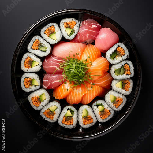 Top-down view of a bowl of sushi.