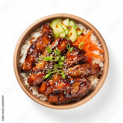 Top-down view of a bowl of teriyaki chicken.