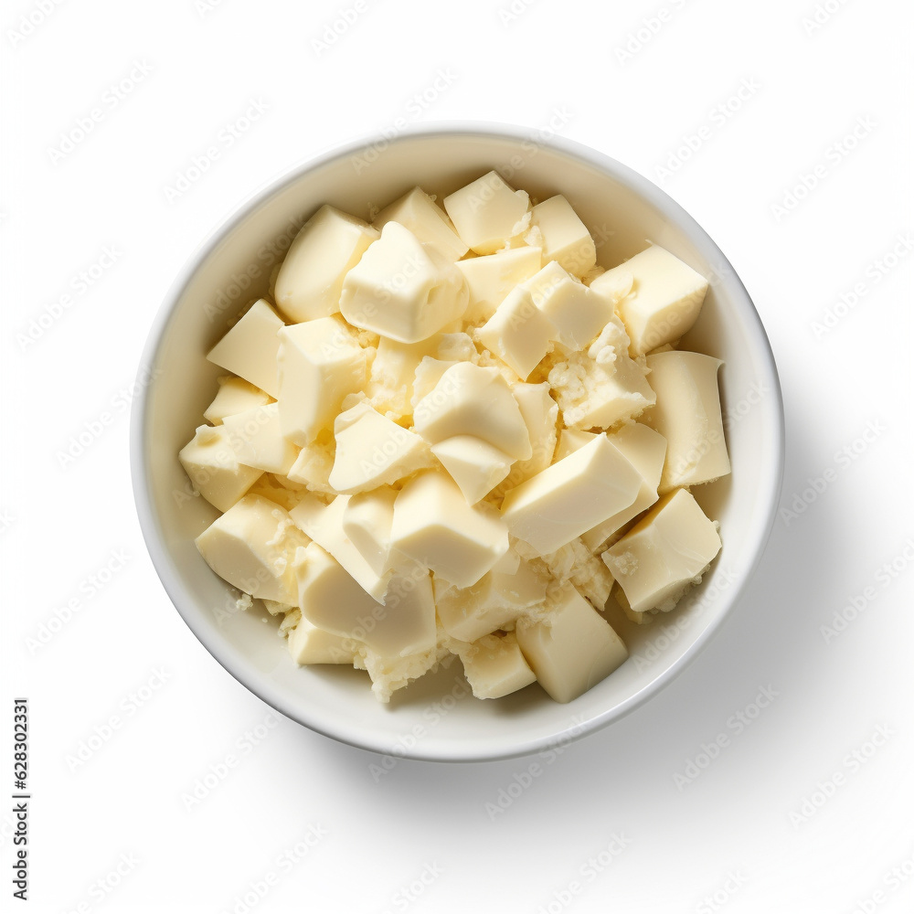Top-down view of a bowl of white chocolate chunks. Top-down view of a bowl of white chocolate chunks.