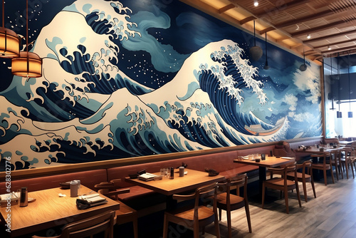 Fotografiet a reinterpretation of The Great Wave of Kanagawa in a Japanese Restaurant