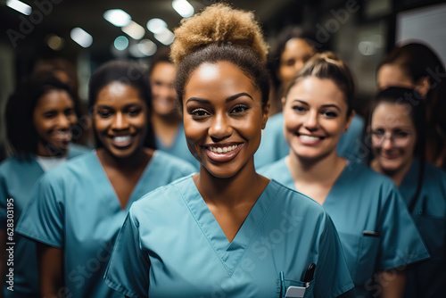 Fototapete A diverse group of women healthcare professionals wearing scrubs and posing toge