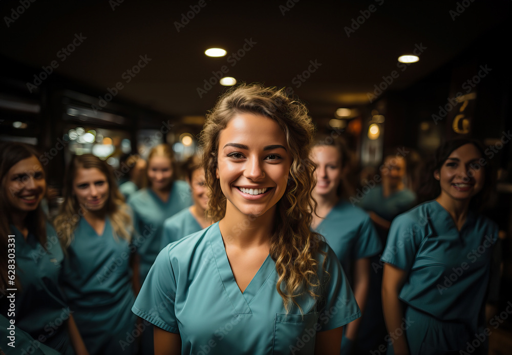 A group of female healthcare professionals in scrubs posing together A group of female healthcare professionals in scrubs posing together
