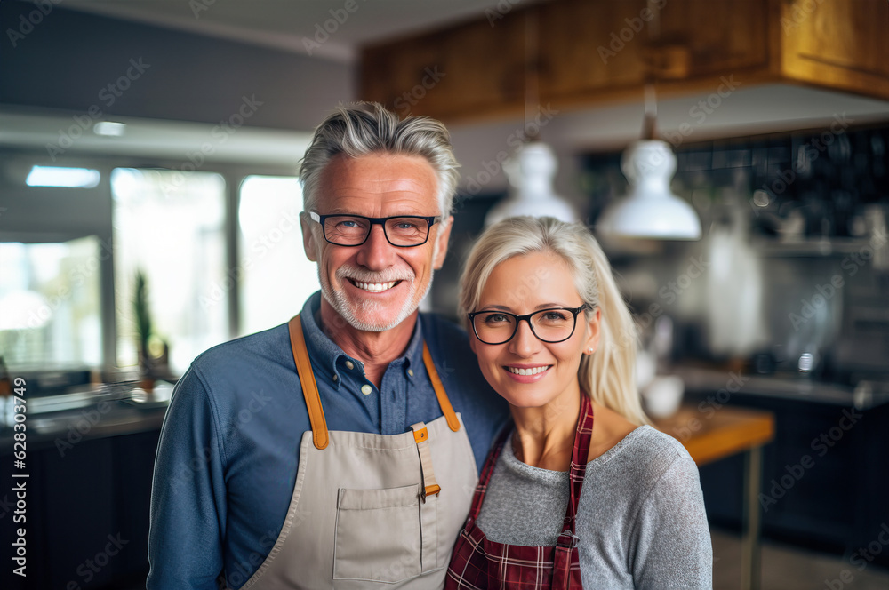 A senior couple in a modern kitchen, preparing a meal together A senior couple in a modern kitchen, preparing a meal together