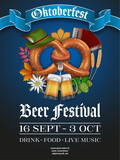 oktoberfest flyer with pretzel and beer mugs. october german beer festival poster