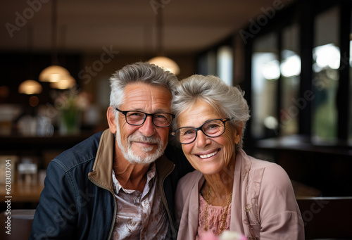 A senior couple sitting together at a table
