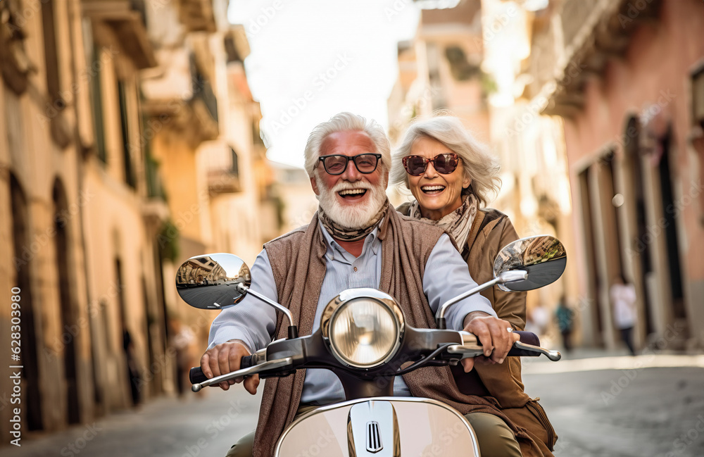 A senior couple riding on a scooter together