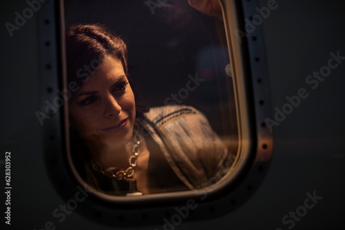 Middle aged woman looking out of window of private jet admiring the sunset, view from outside of plane 