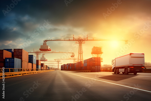 container truck in ship port for business logistics and transportation of container cargo ship and cargo plane with working crane bridge in shipyard at sunrise logistic import export and transport