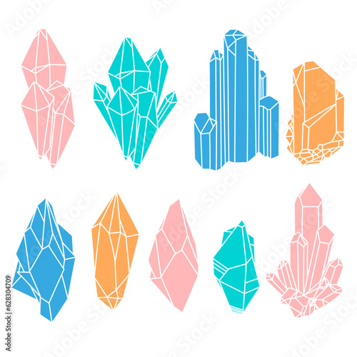 Set of geometric colorful crystals Vector illustration isolated on white background. Alternative medicine, magic, crystal healing, astrology