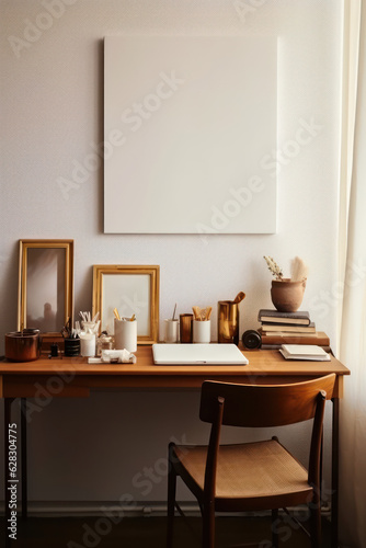 artistic frame canvas mock up in a curated whimsical studio setting / desk, atelier bohemian style with natural light and shadows - ai generative art 
