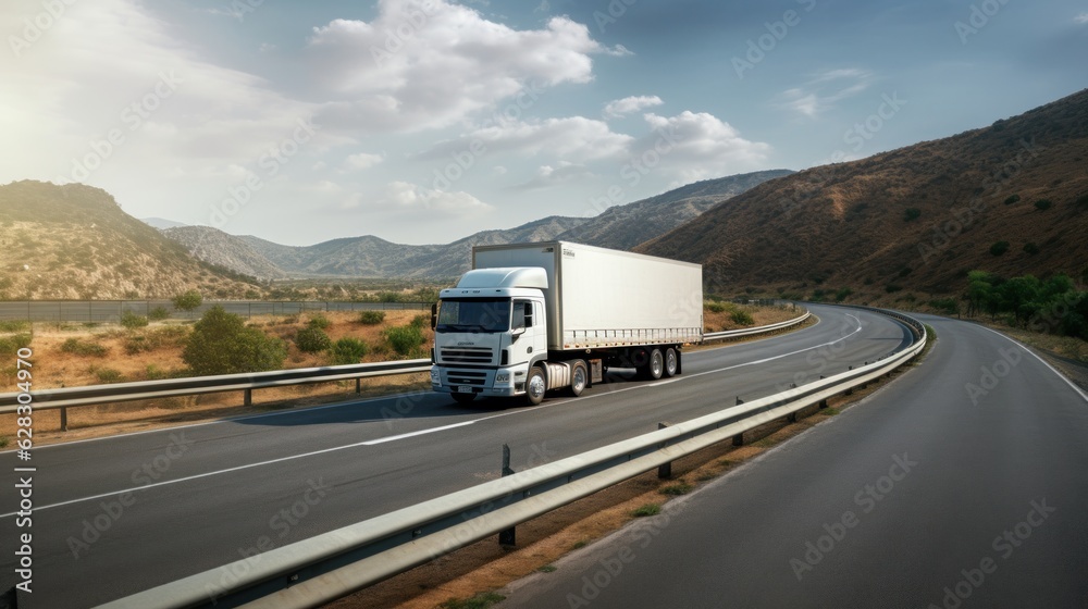 a white cargo truck with a white blank empty trailer for ad on a highway road in the united states. beautiful nature mountains and sky. driving in motion. Generative AI