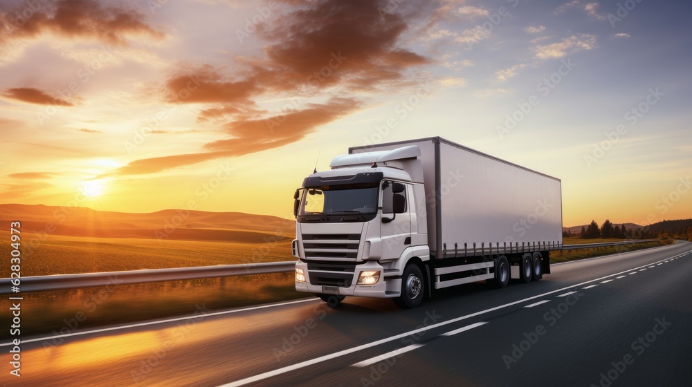 a white cargo truck with a white blank empty trailer for ad on a highway road in the united states. beautiful nature mountains and sky. golden hour sunset. driving in motion. Generative AI