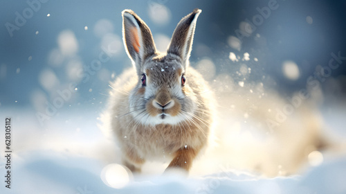 Winter Wonderland: Close-Up of Mountain Hare in Snow, generative ai © Uolir