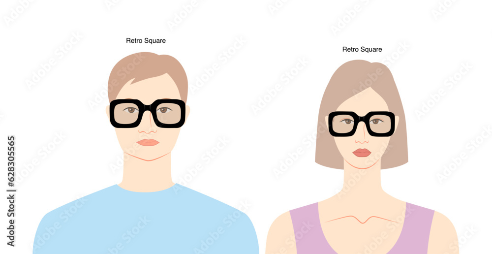 Retro Square frame glasses on women and men flat character fashion accessory illustration. Sunglass front view unisex silhouette style, rim spectacles eyeglasses, lens style outline isolated on white Retro Square frame glasses on women and men flat character fashion accessory illustration. Sunglass front view unisex silhouette style, rim spectacles eyeglasses, lens style outline isolated on white