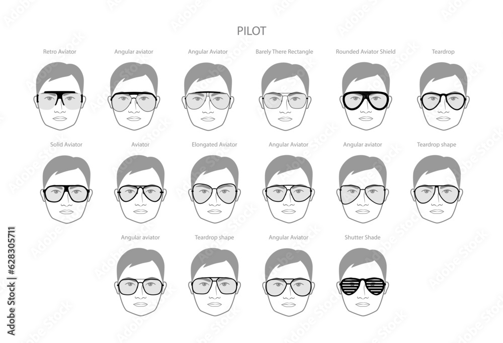 Set of Aviator frame glasses on men face character fashion accessory illustration. Sunglass front view unisex silhouette style, flat rim spectacles eyeglasses with lens sketch style outline isolated Set of Aviator frame glasses on men face character fashion accessory illustration. Sunglass front view unisex silhouette style, flat rim spectacles eyeglasses with lens sketch style outline isolated