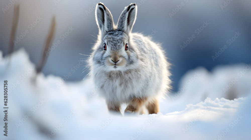 Winter Wonderland: Close-Up of Mountain Hare in Snow, generative ai Winter Wonderland: Close-Up of Mountain Hare in Snow, generative ai