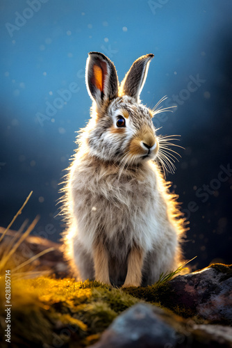 Winter Wonderland: Close-Up of Mountain Hare in Snow, generative ai © Uolir