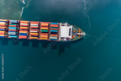 aerial top view container ship in the pier with crane bridge carries and physical system icons out export and import business in the open sea logistics and transportation banner panorama