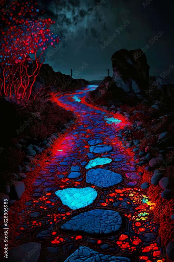 Obraz premium fluorescent neon stone pathway lighting the darkness in a colorful way | Generative AI