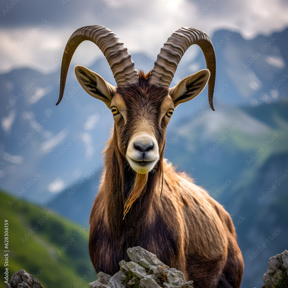 Alpine Ibex Portrait: Generative AI Bokeh Photo Alpine Ibex Portrait: Generative AI Bokeh Photo