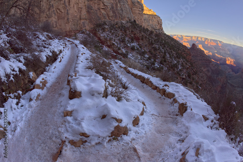 A winter sunrise view of Grand Canyon Arizona from Bright Angel Trail on the South Rim just past the second tunnel. photo