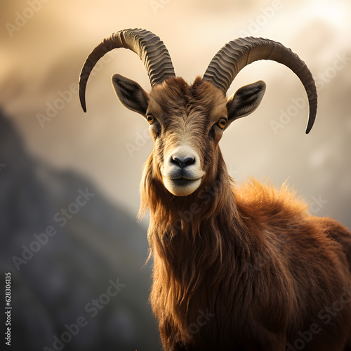 Alpine Ibex Portrait: Generative AI Bokeh Photo