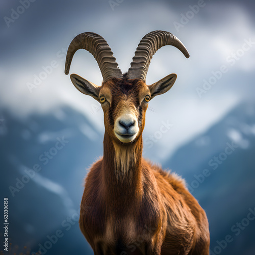 Alpine Ibex Portrait: Generative AI Bokeh Photo