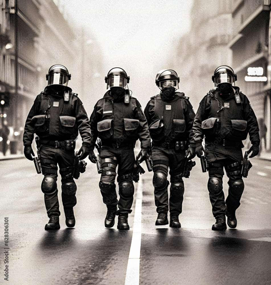 Riot Police Marching Like Ominous Cowboys in the Streets of Paris - generative ai Riot Police Marching Like Ominous Cowboys in the Streets of Paris - generative ai