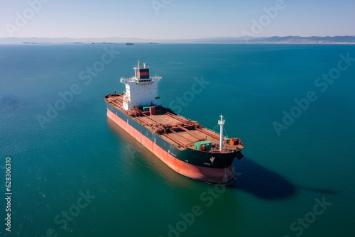bulk vessel for dry cargo in anchorage in sea waiting loading in industrial port aerial shot