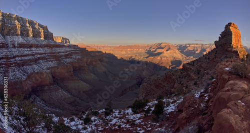 Sunrise view from Cedar Ridge along the South Kaibab Trail at Grand Canyon Arizona in winter. Mather Point is on the upper left with Pipe Creek Canyon below it, and O'Neill Butte is on the right.