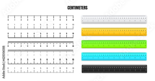 Realistic metal rulers with black centimeter scale for measuring length or height. Various measurement scales with divisions. Ruler, tape measure marks, size indicators. Vector illustration