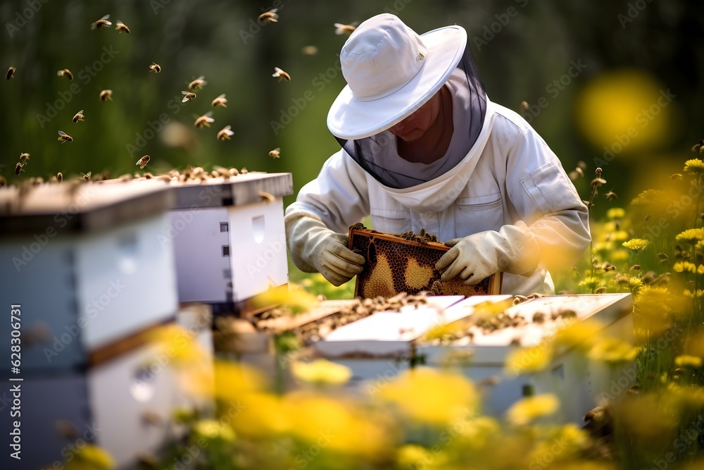 Apiarist with Bees and Flowers Apiarist with Bees and Flowers