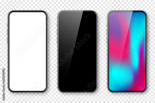 Smartphone with blank touch screen and abstract colorful background, wallpaper. Frameless mobile phone in front view. High quality detailed device mockup. Vector illustration