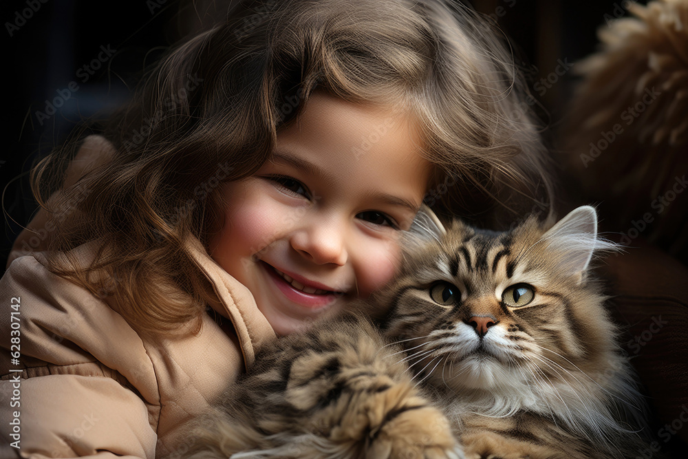 Toddler girl cuddling her pet cat. Generative AI Toddler girl cuddling her pet cat. Generative AI