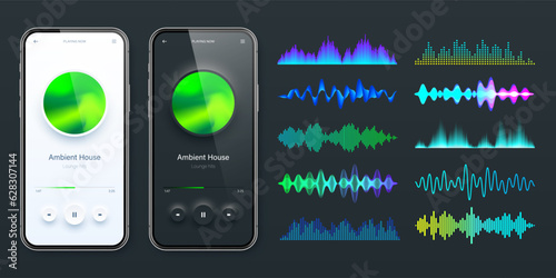 Online audio player user interface, smartphone app UI design. Music, media streaming and listening platform. Responsive mobile application. Neumorphism. Various sound waves. Vector illustration