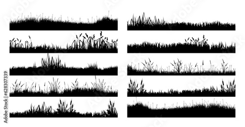 Meadow silhouettes with grass, plants on plain. Panoramic summer lawn landscape with herbs, various weeds. Herbal border, frame element. Black horizontal banners. Vector illustration