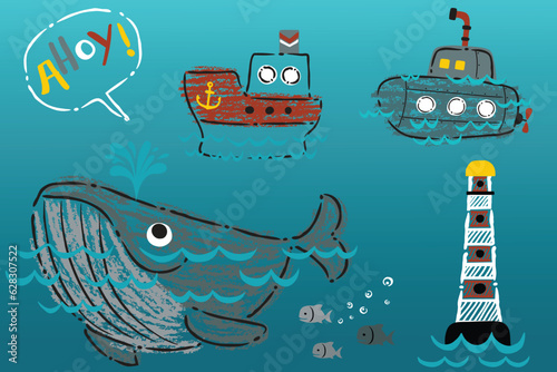 Cartoon set of funny whale with sea transportations and lighthouse in hand drawn styles