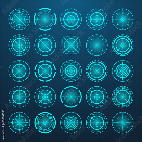 Crosshair, gun sight vector icons. Bullseye, black target or aim symbol. Military rifle scope, shooting mark sign. Targeting, aiming for a shot. Archery, hunting and sports shooting. Game UI element.