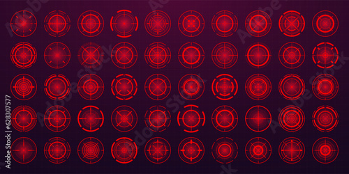 Crosshair, gun sight vector icons. Bullseye, black target or aim symbol. Military rifle scope, shooting mark sign. Targeting, aiming for a shot. Archery, hunting and sports shooting. Game UI element.