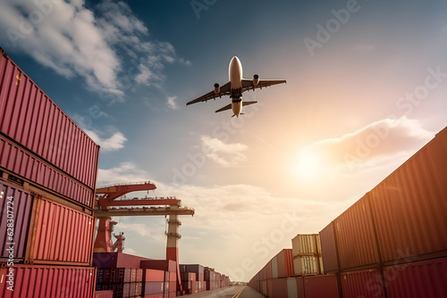 airplane flying above container logistic cargo and shipping business container ship for import and export logistic logistic industry from port to port container at harbor for truck transport